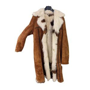 Vintage Toscana Shearling Fur Coat – Size Large – Camel Suede with Real Fur